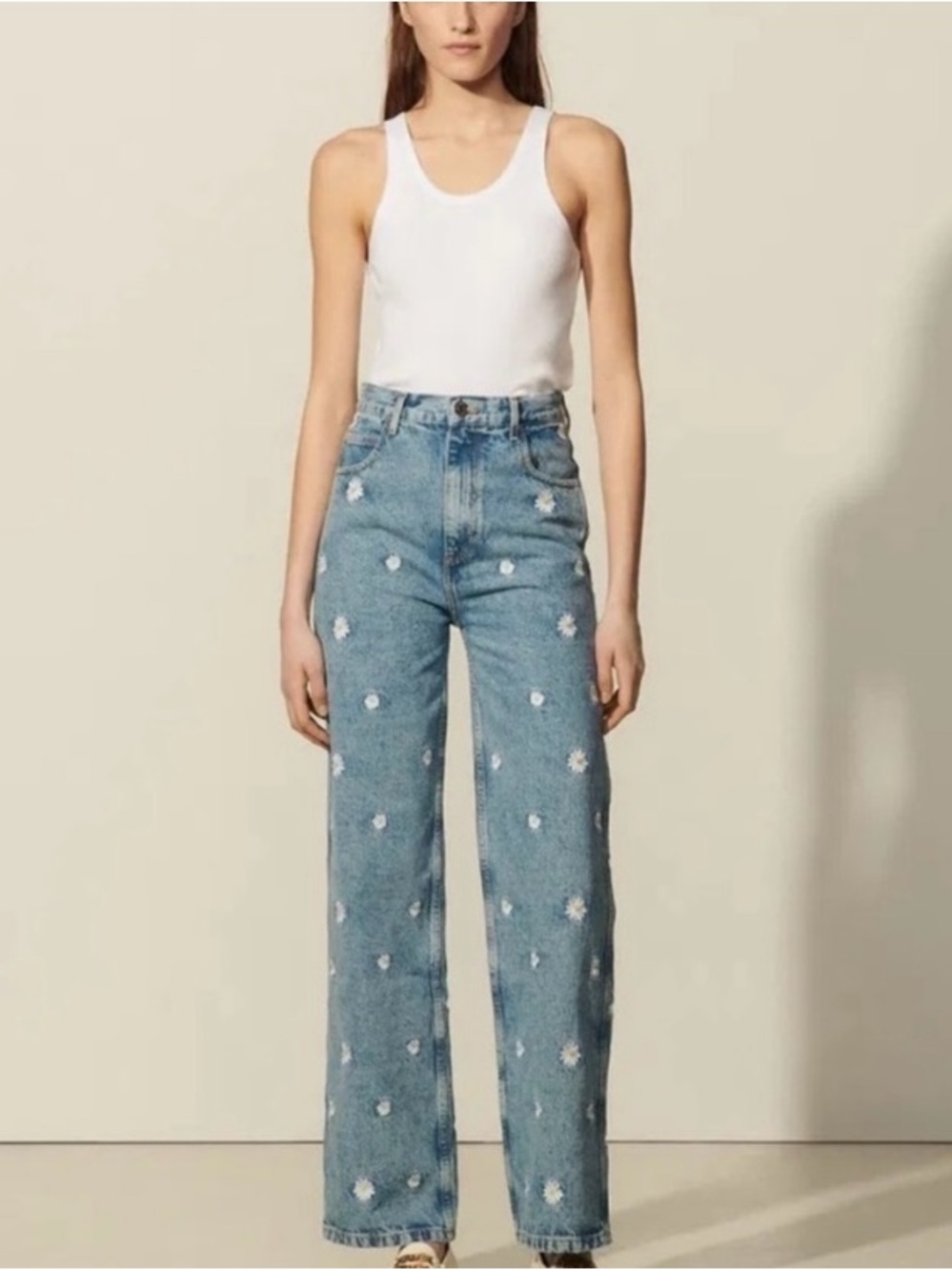 Sandro Paris Organic Cotton Jeans With Daisy Embroidery